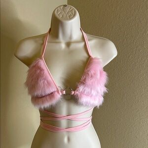 Pink Fluffy Faux Fur Festival Bra Top